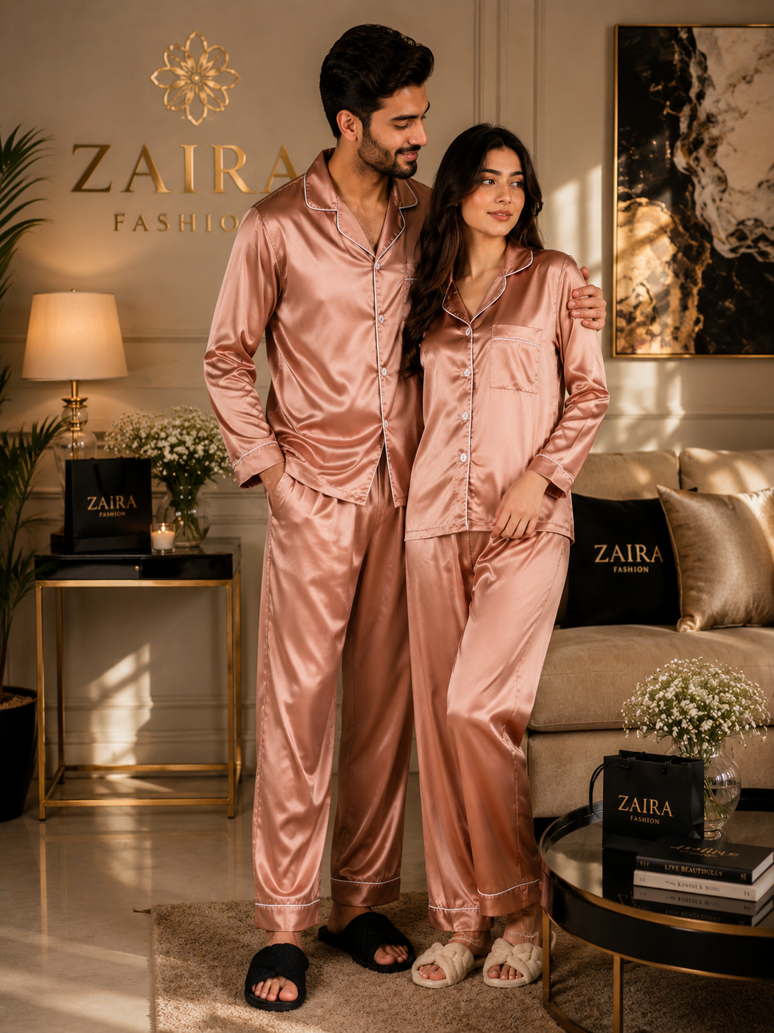 Élan Duo — His and Her Matching Silk Night Suit Set
