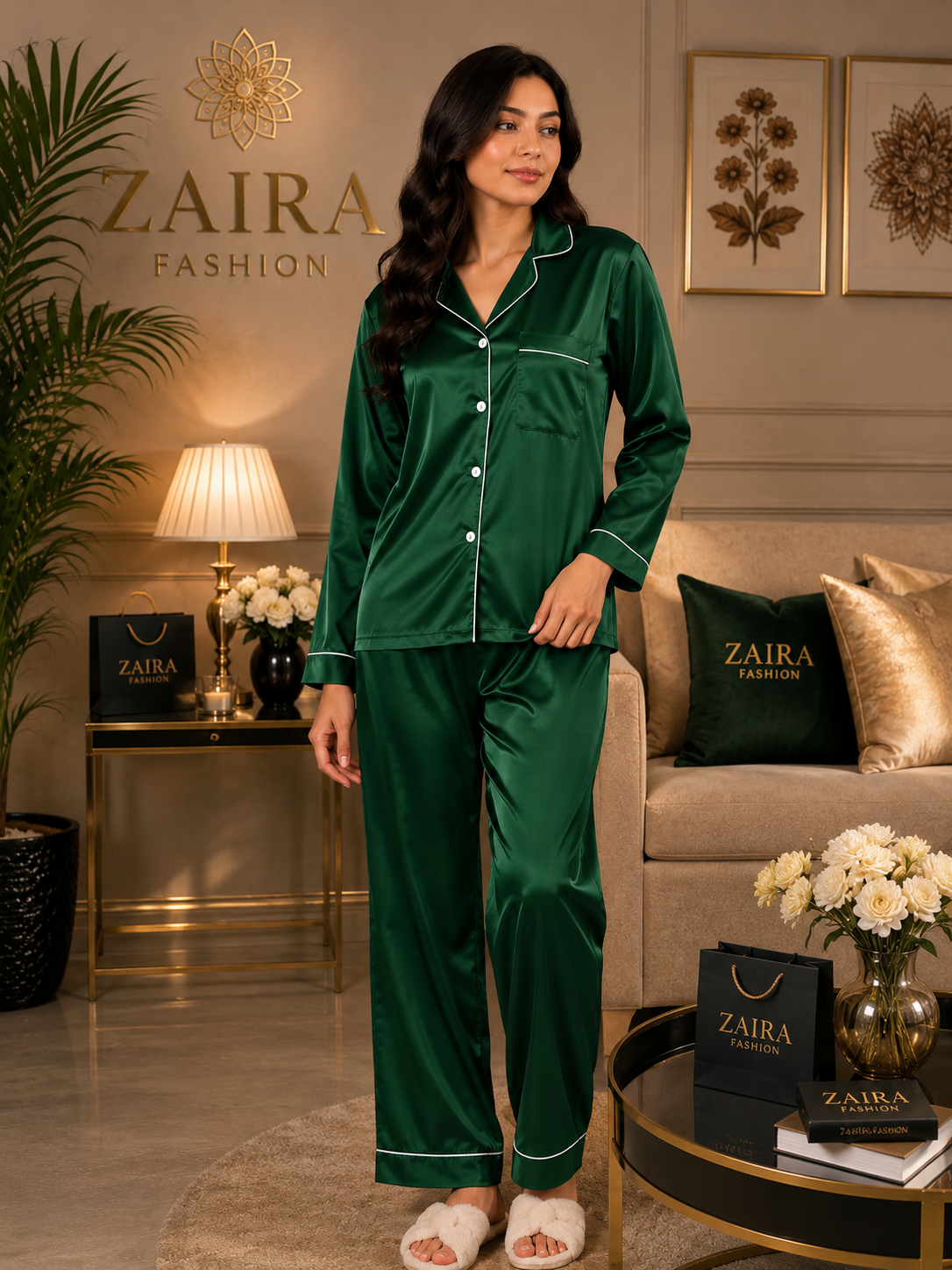 Dark Green Plain Silk Suit – Baggy Trouser