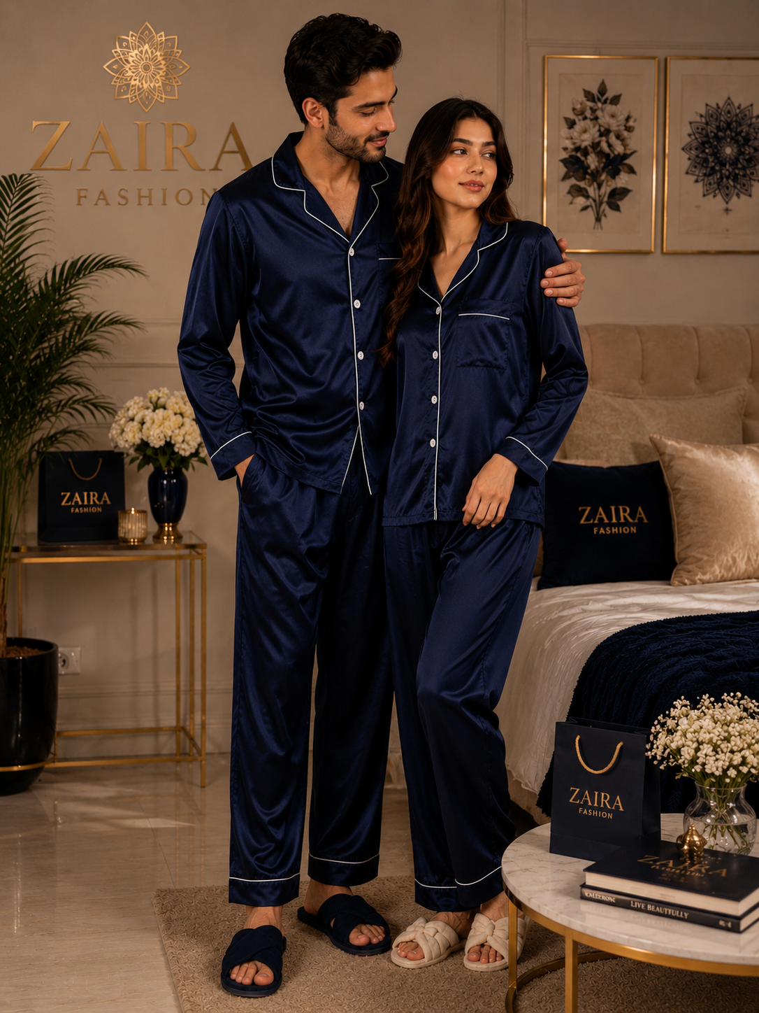 Élan Duo — His and Her Matching Silk Night Suit Set