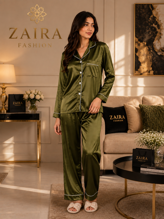 Olive Green Plain Silk Suit – Baggy Trouser