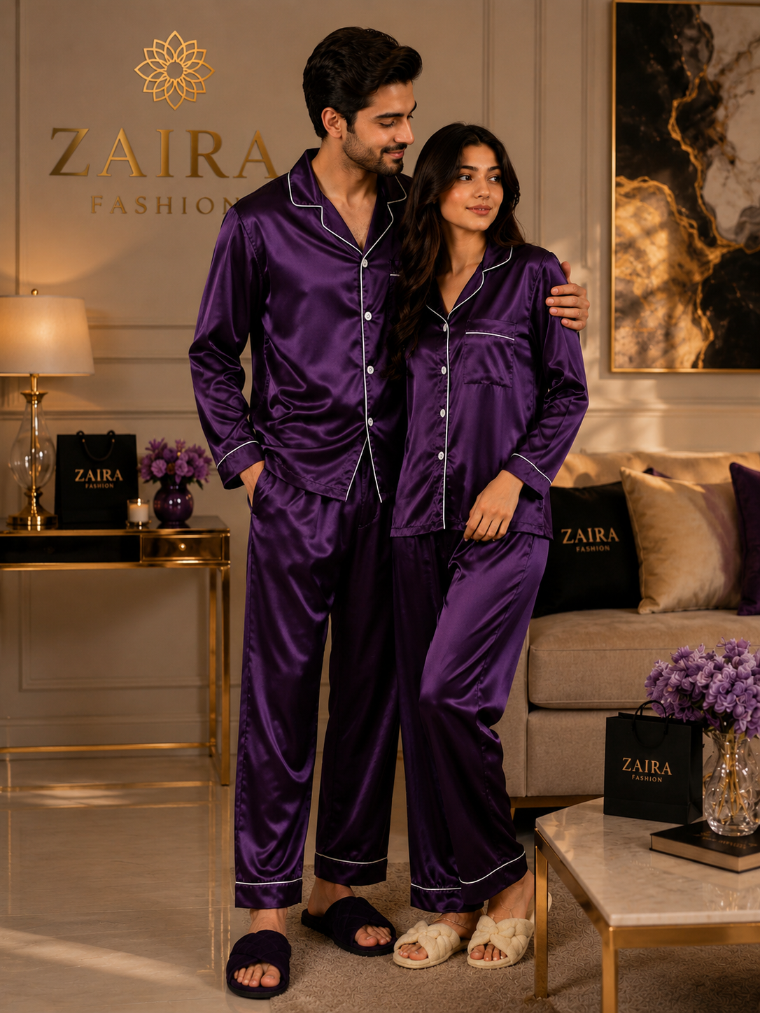 Élan Duo — His and Her Matching Silk Night Suit Set