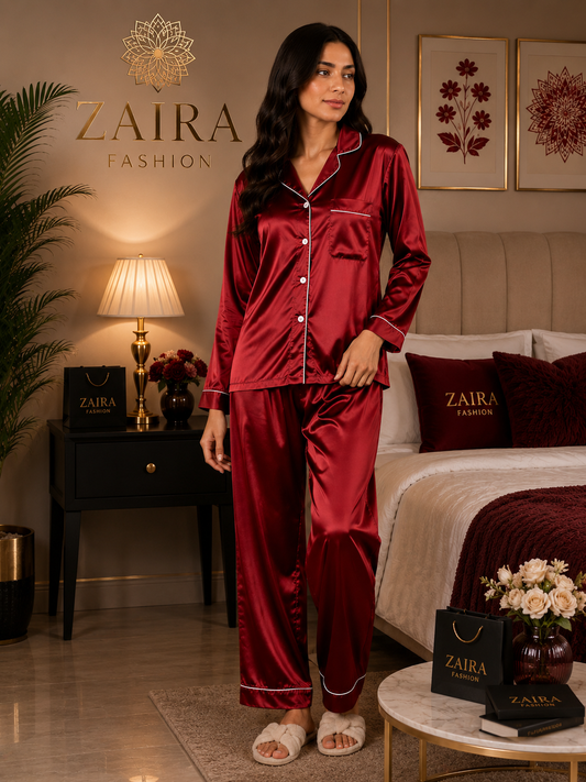 Red Wine Plain Silk Suit – Baggy Trouser